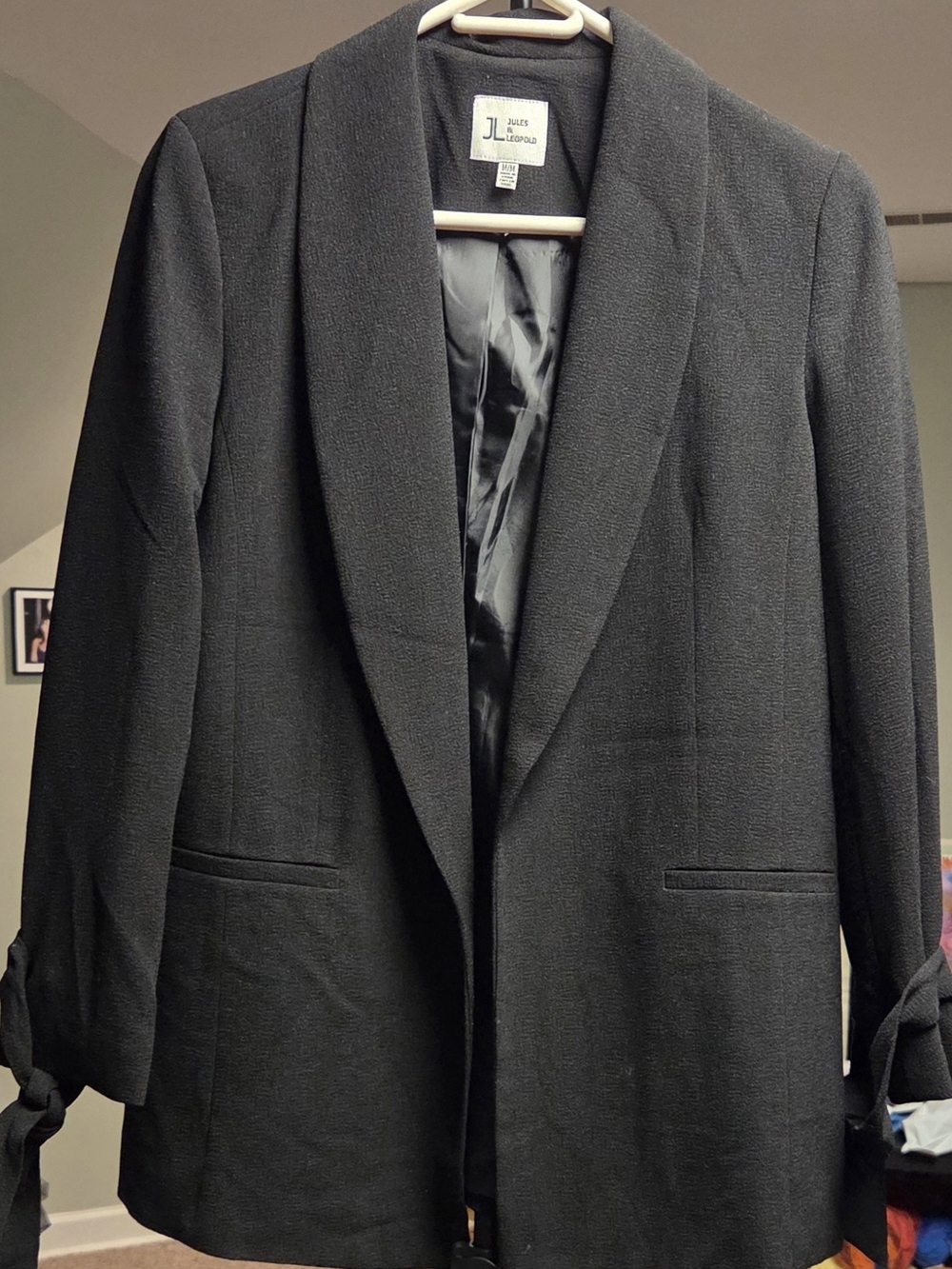 Jules & Leopold Black Shawl Collar Blazer with Cuff Tie Detail